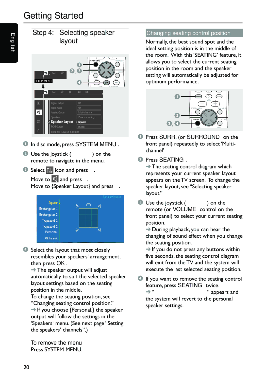 Philips MX3910D/37 owner manual Selecting speaker layout, Changing seating control position 