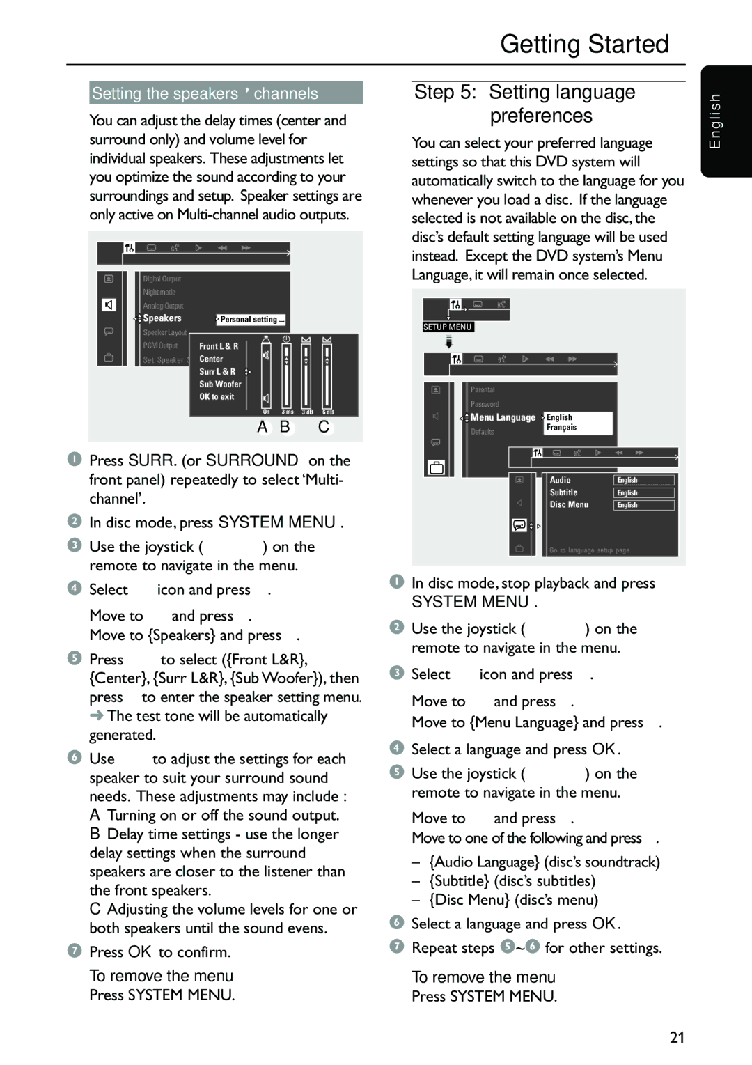 Philips MX3910D/37 Setting language preferences, Setting the speakers’ channels, Press OK to confirm, Move to 