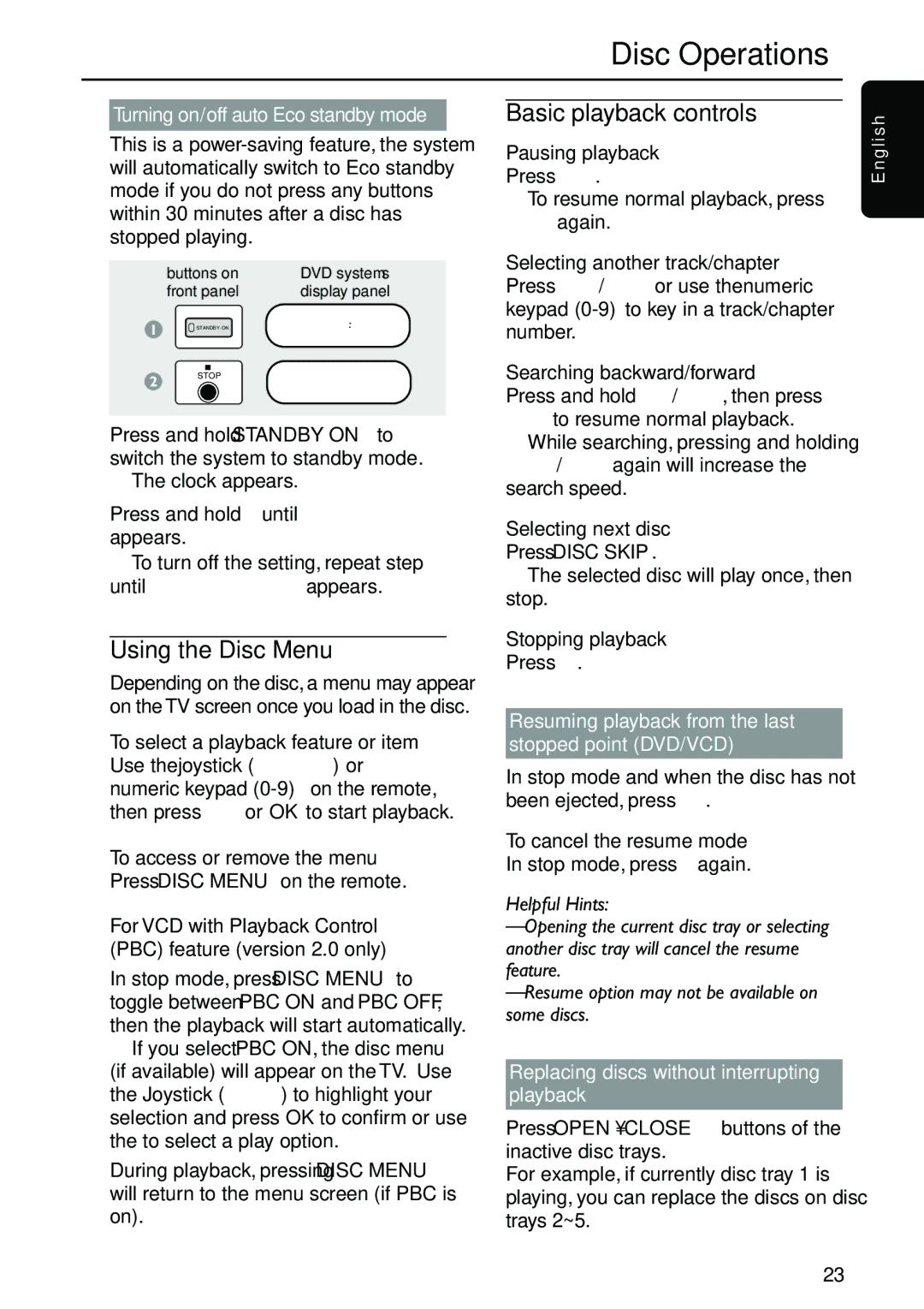 Philips MX3910D/37 owner manual Using the Disc Menu Basic playback controls, Turning on/off auto Eco standby mode 