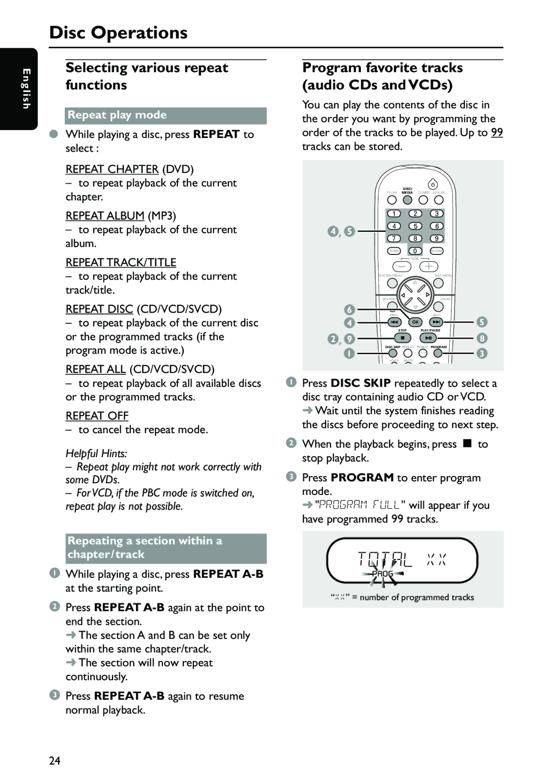 Philips MX3910D/37 Selecting various repeat functions, Program favorite tracks audio CDs and VCDs, Repeat play mode 