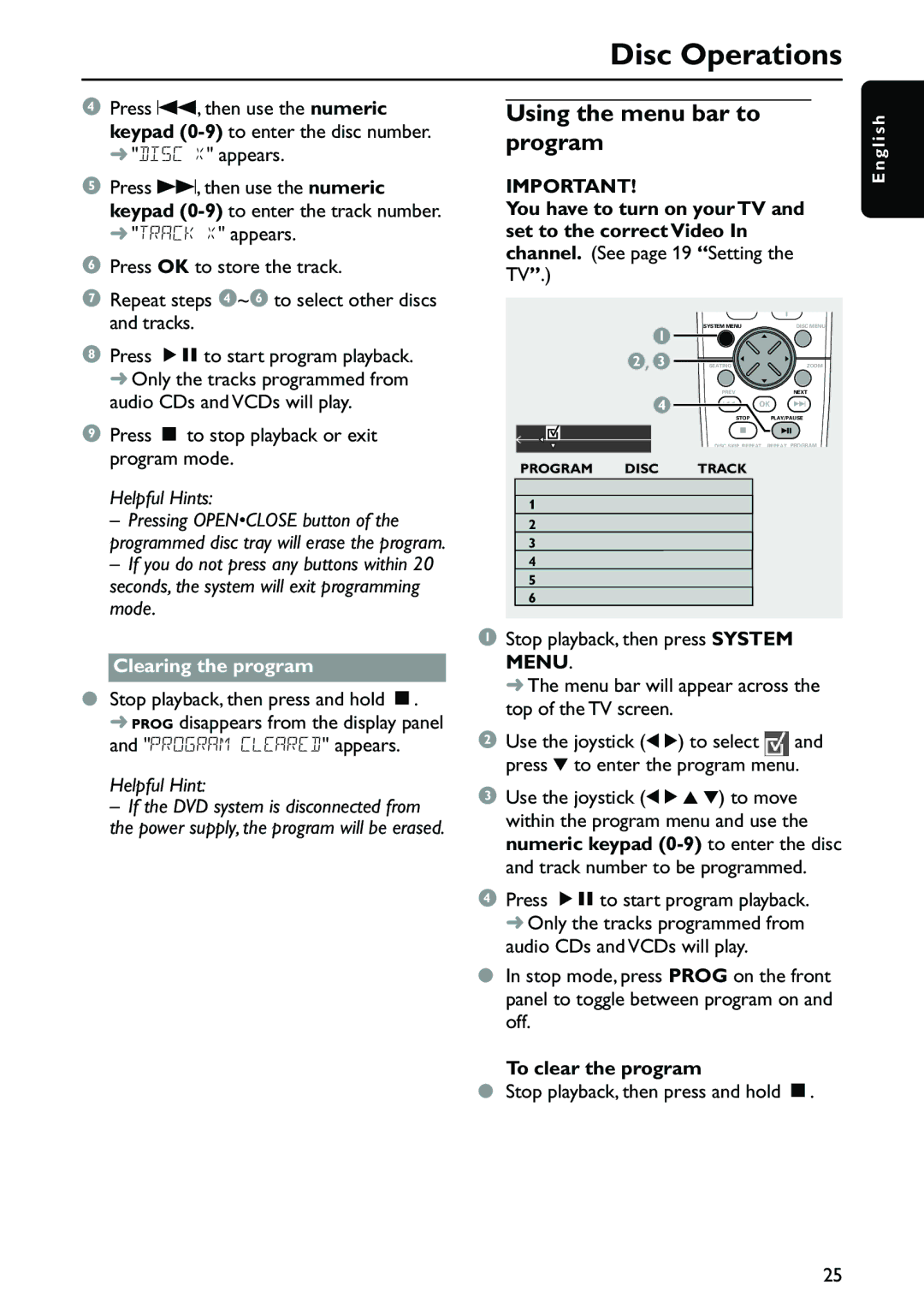 Philips MX3910D Using the menu bar to program, Press Ç to stop playback or exit program mode, Clearing the program 