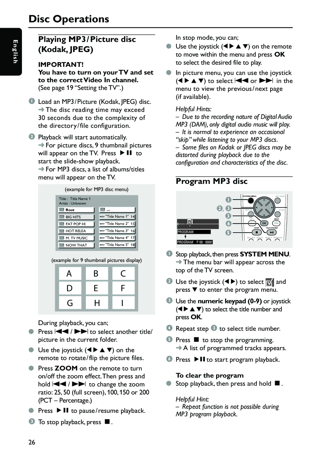 Philips MX3910D/37 owner manual Playing MP3/Picture disc Kodak, Jpeg, Program MP3 disc 