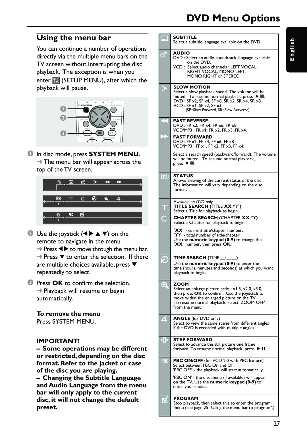 Philips MX3910D/37 owner manual DVD Menu Options, Using the menu bar 