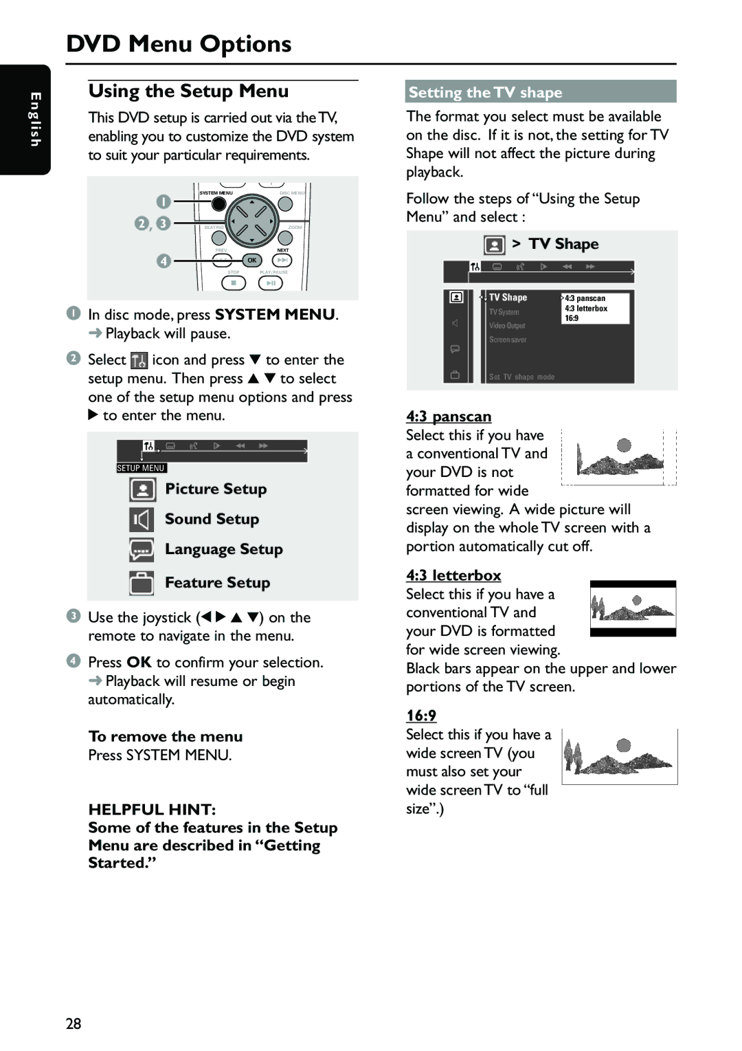 Philips MX3910D/37 owner manual Using the Setup Menu, Helpful Hint, Setting the TV shape 