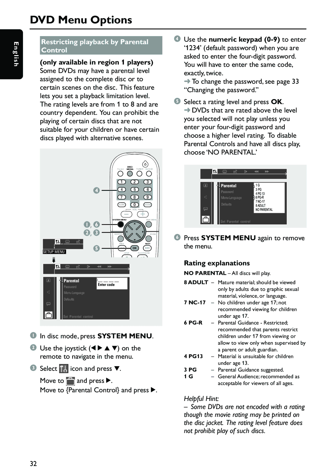 Philips MX3910D/37 Restricting playback by Parental Control, Only available in region 1 players, Rating explanations 