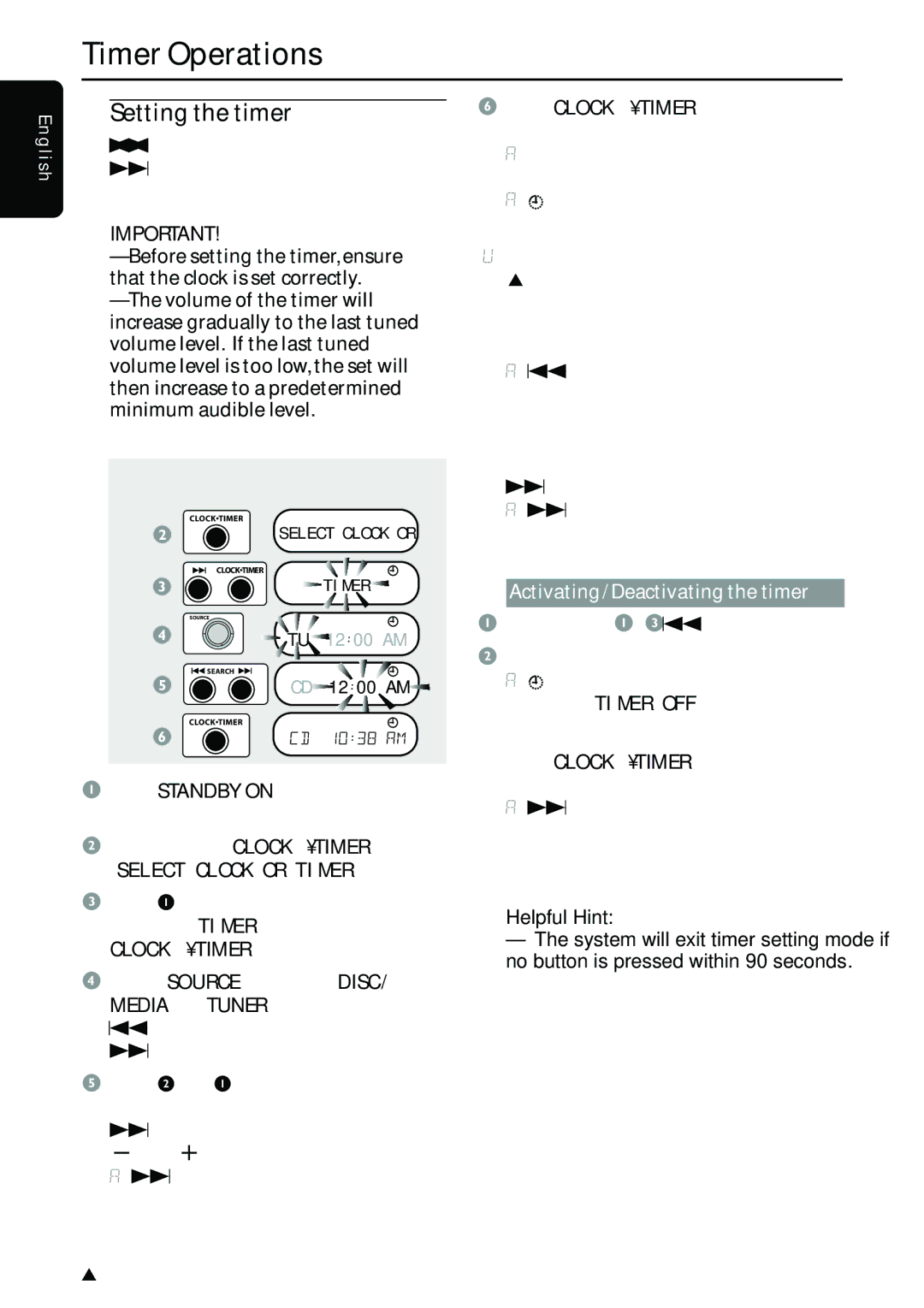 Philips MX3910D/37 owner manual Timer Operations, Setting the timer, Press Standby on to switch on the DVD system 