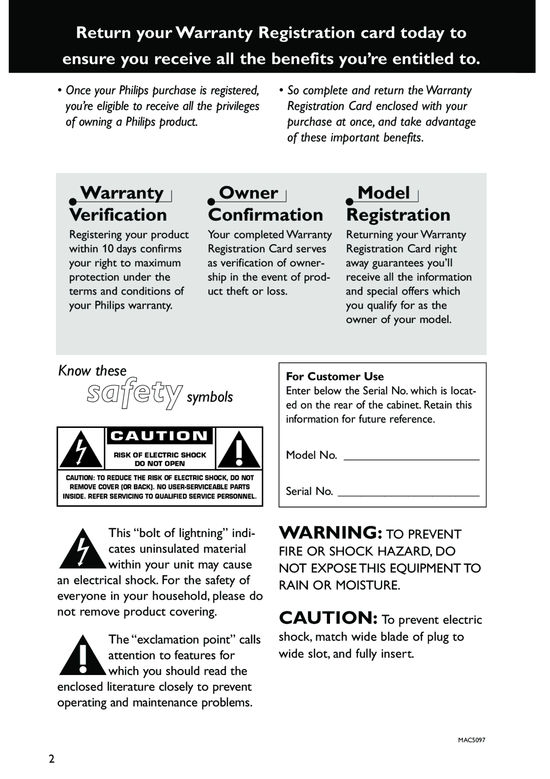 Philips MX3910D/37 owner manual Owner Confirmation, Model Registration, For Customer Use 