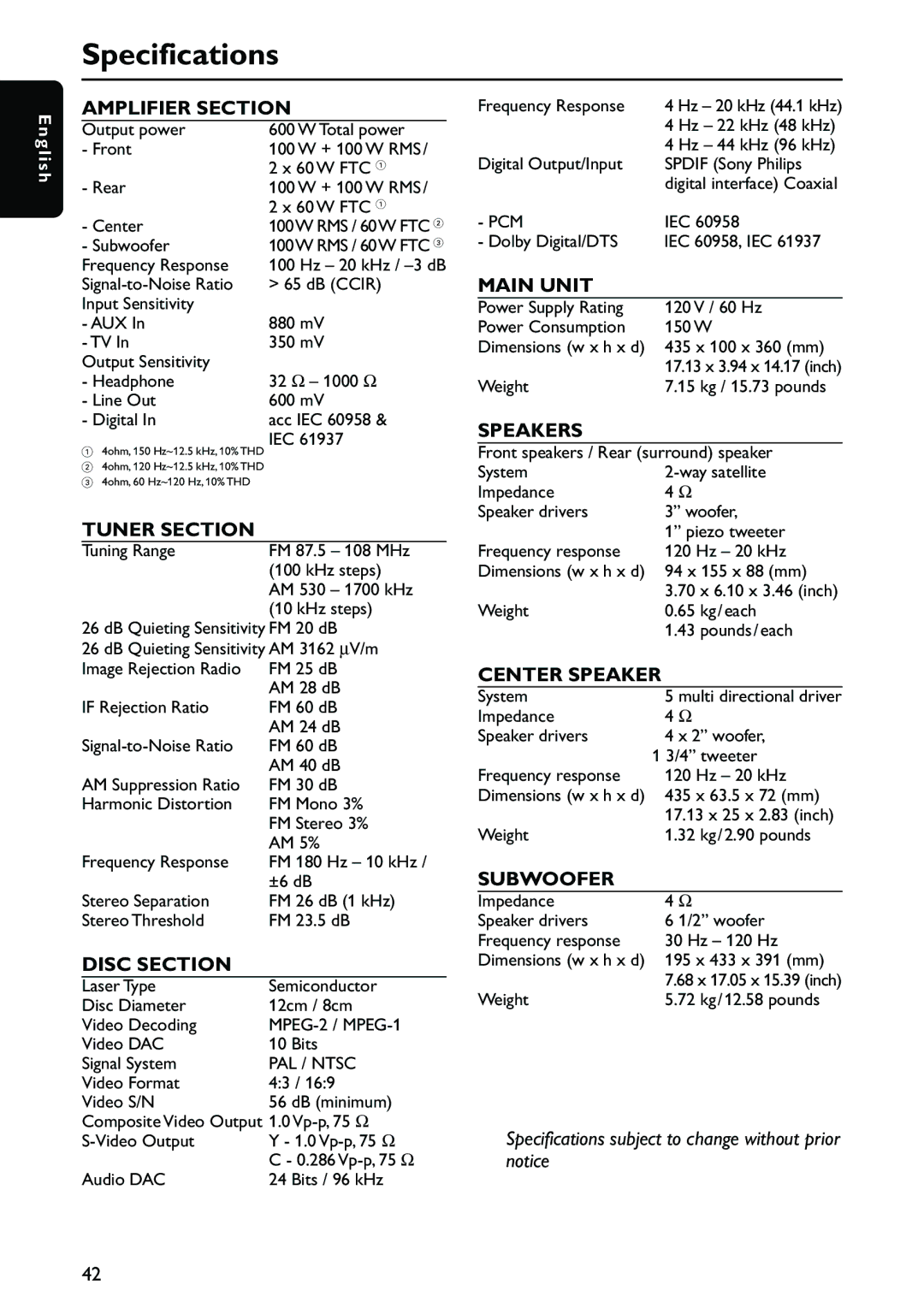 Philips MX3910D/37 owner manual Specifications 