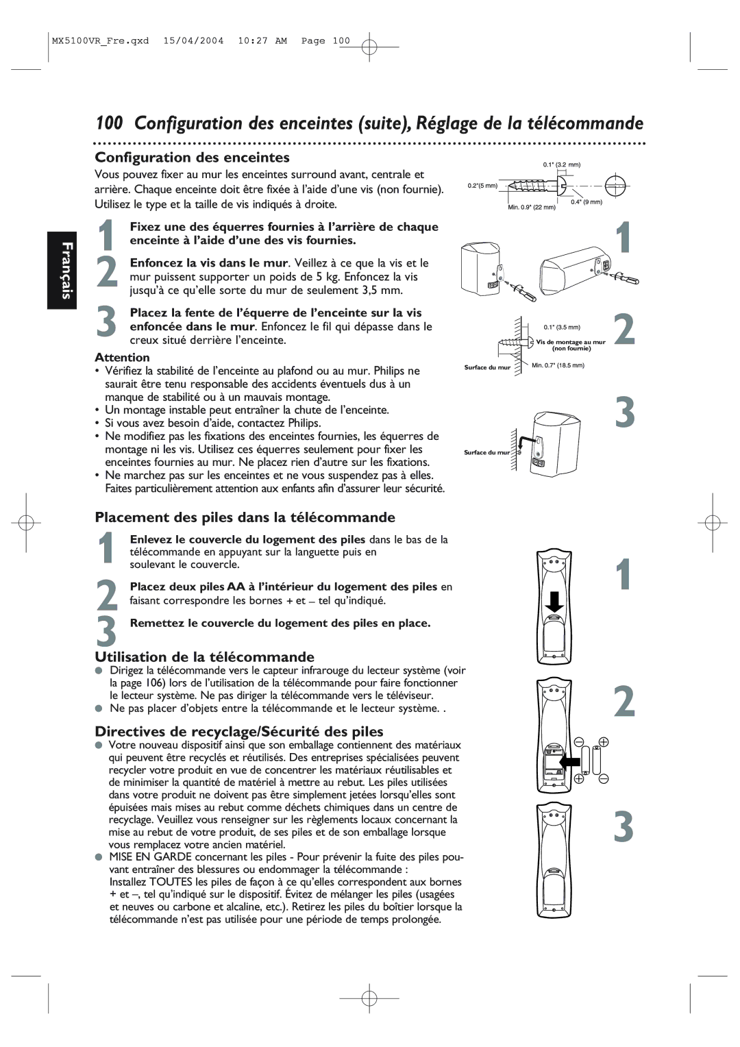 Philips MX5100VR Configuration des enceintes, Placement des piles dans la télécommande, Utilisation de la télécommande 