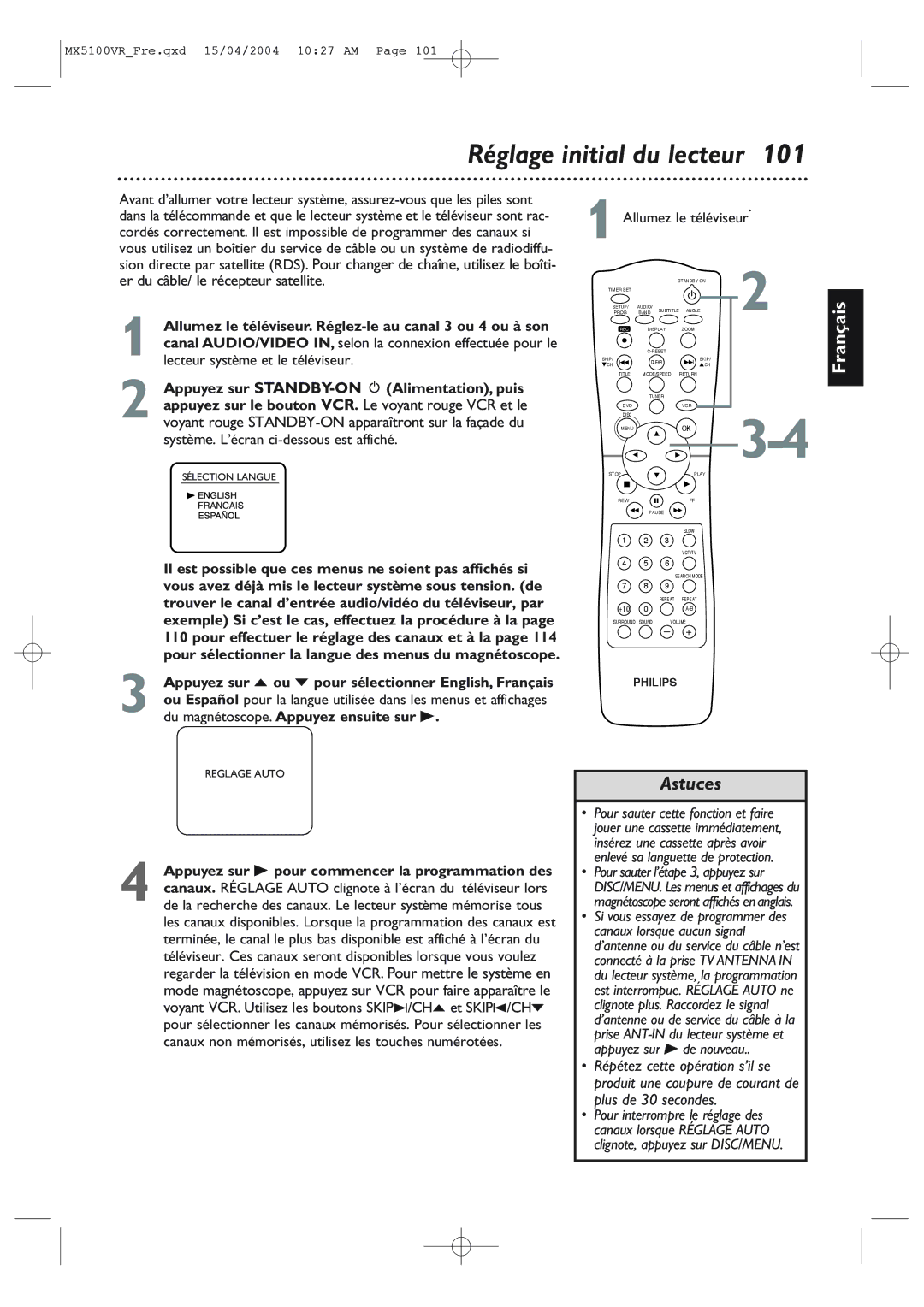 Philips MX5100VR/37B owner manual Réglage initial du lecteur, Allumez le téléviseur 