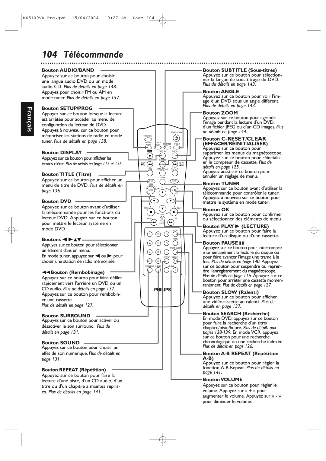 Philips MX5100VR/37B owner manual 104 Télécommande, Bouton C-RESET/CLEAR EFFACER/RÉINITIALISER 