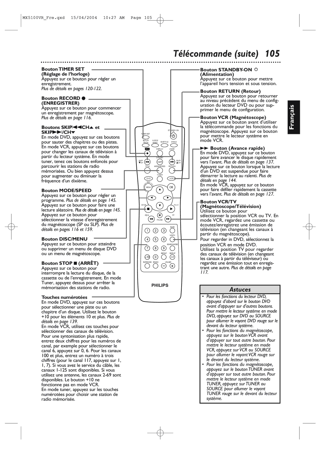 Philips MX5100VR/37B owner manual Télécommande suite 