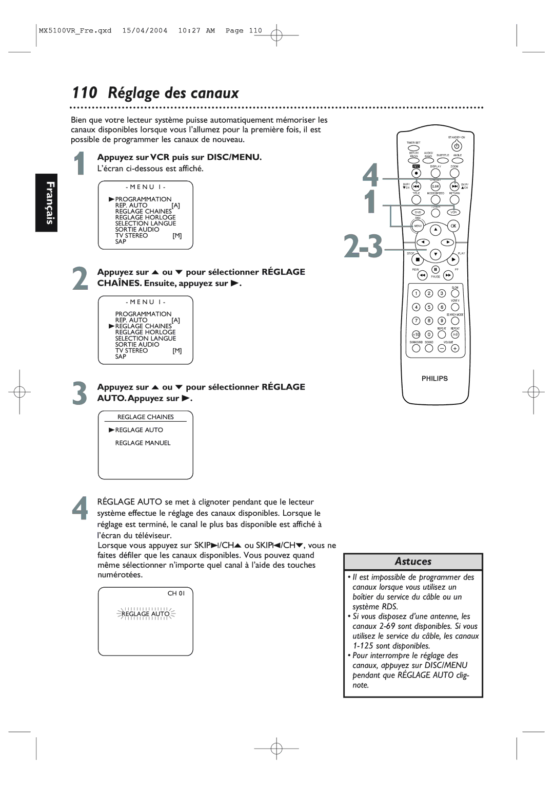 Philips MX5100VR/37B owner manual 110 Réglage des canaux 