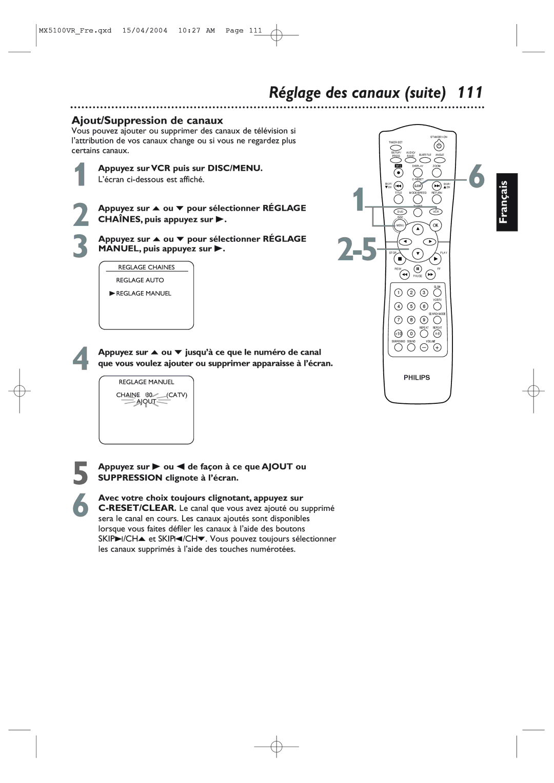 Philips MX5100VR/37B owner manual Réglage des canaux suite, Ajout/Suppression de canaux 