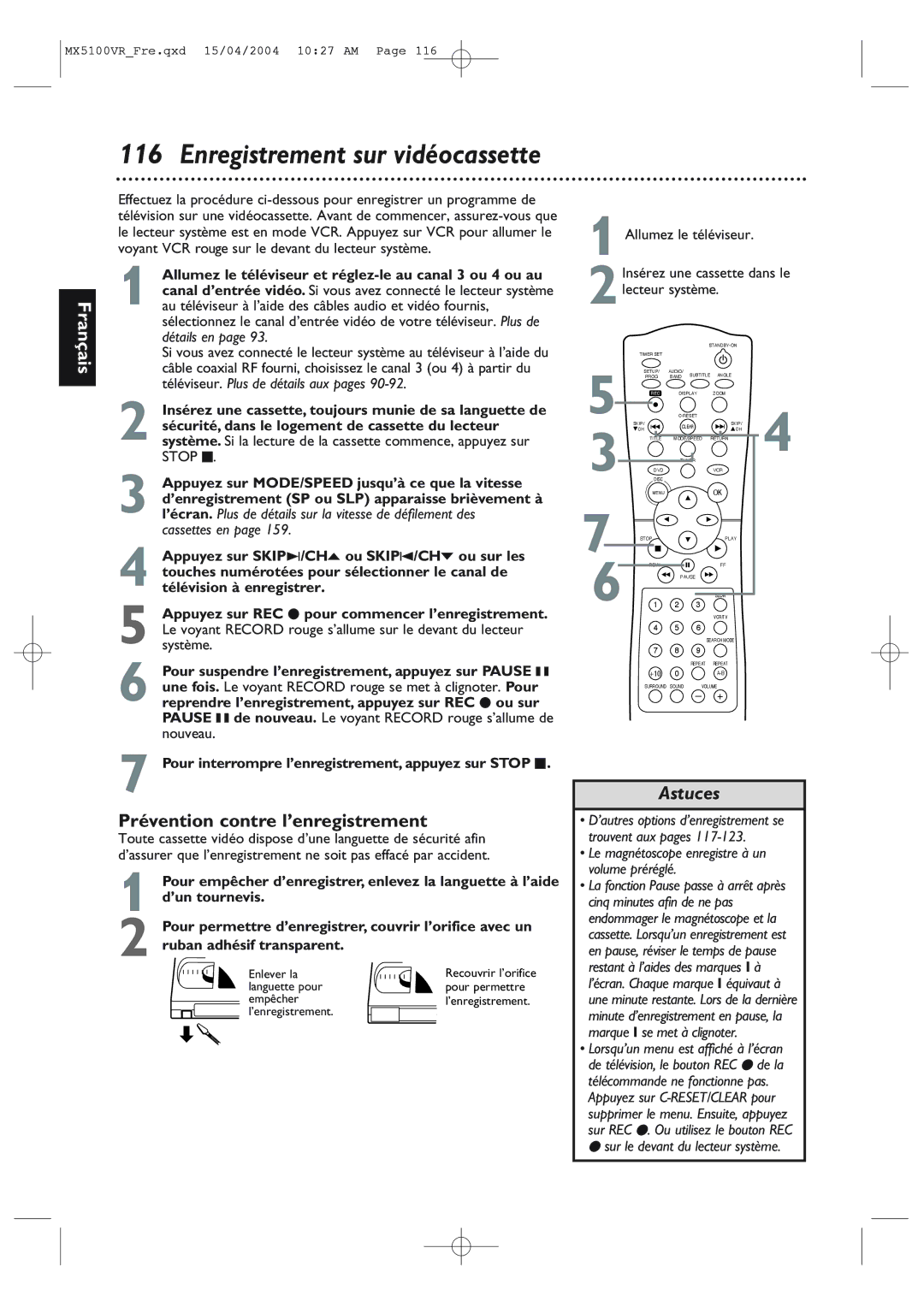 Philips MX5100VR owner manual Prévention contre l’enregistrement, Allumez le téléviseur et réglez-le au canal 3 ou 4 ou au 