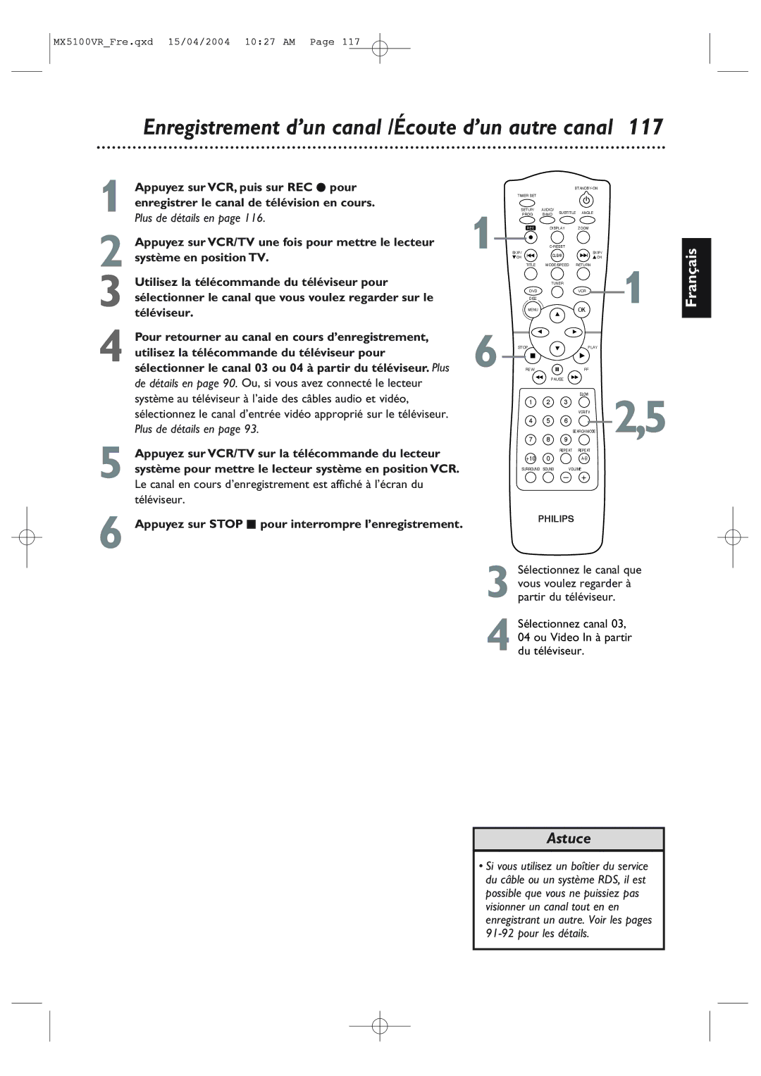 Philips MX5100VR/37B owner manual Enregistrement d’un canal /Écoute d’un autre canal 