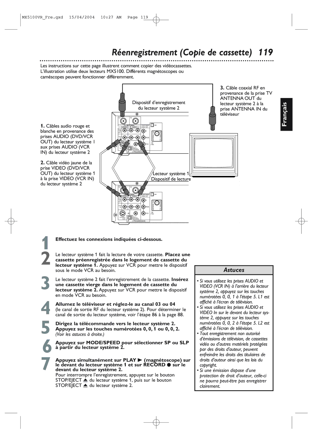 Philips MX5100VR/37B owner manual Réenregistrement Copie de cassette 