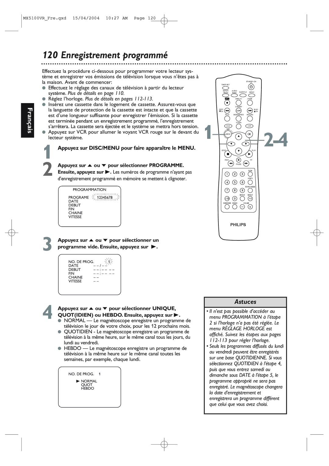 Philips MX5100VR/37B Enregistrement programmé, Lecteur système, Appuyez sur o ou p pour sélectionner Programme 