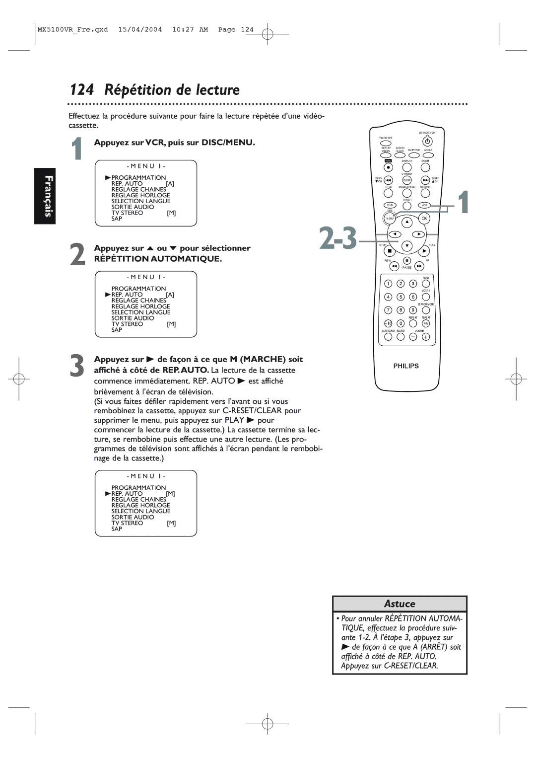 Philips MX5100VR/37B owner manual 124 Répétition de lecture, Appuyez sur B de façon à ce que M Marche soit 