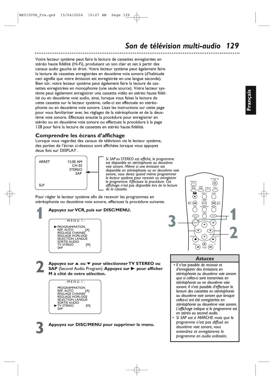 Philips MX5100VR/37B owner manual Son de télévision multi-audio, Comprendre les écrans d’affichage, Côté de votre sélection 