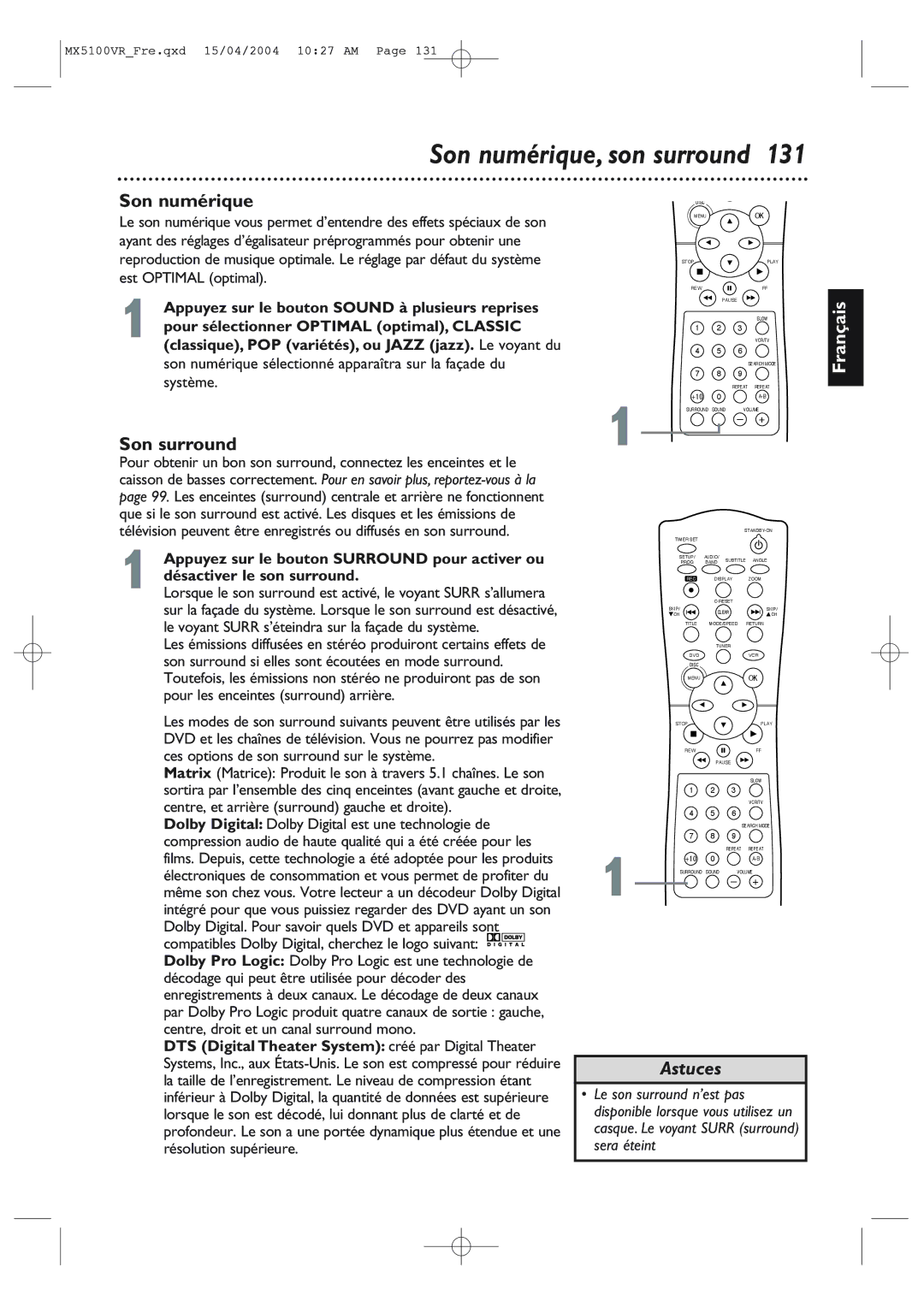 Philips MX5100VR/37B owner manual Son numérique, son surround, Son surround 