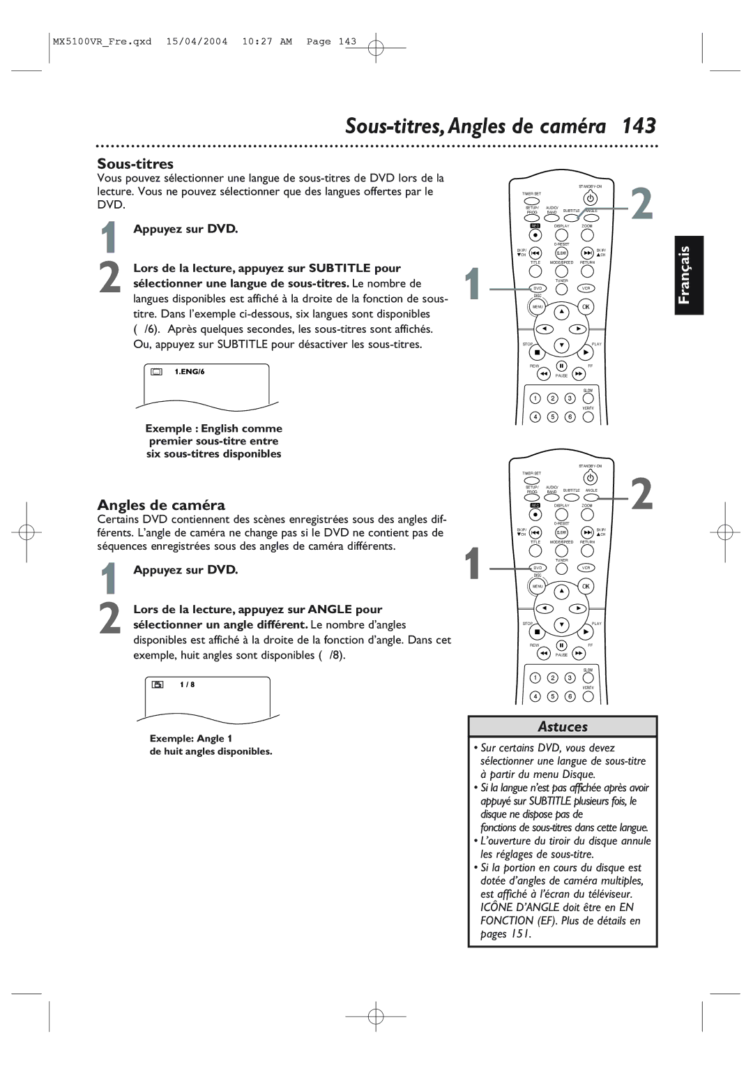 Philips MX5100VR/37B owner manual Sous-titres,Angles de caméra, Appuyez sur DVD 