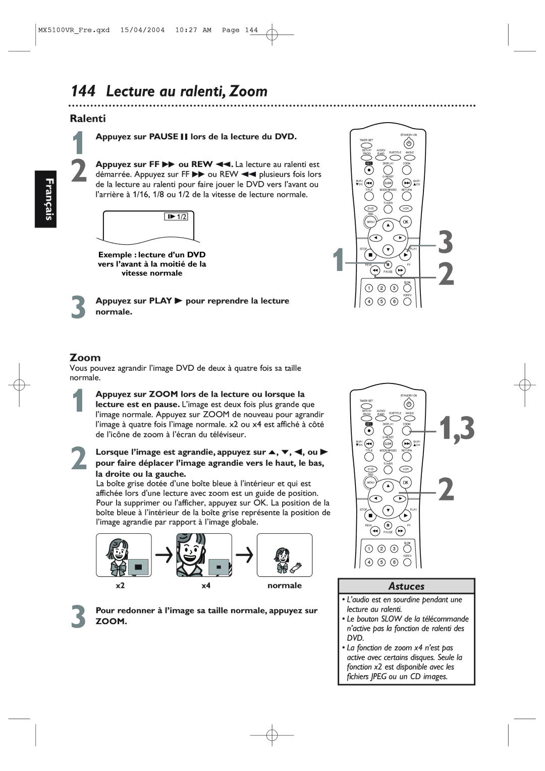 Philips MX5100VR/37B owner manual Lecture au ralenti, Zoom, Ralenti, Appuyez sur Pause F lors de la lecture du DVD 