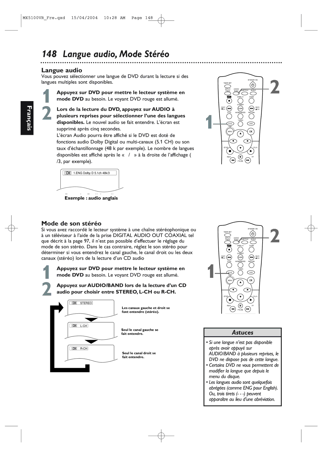 Philips MX5100VR/37B owner manual Langue audio, Mode Stéréo, Mode de son stéréo, Exemple audio anglais 