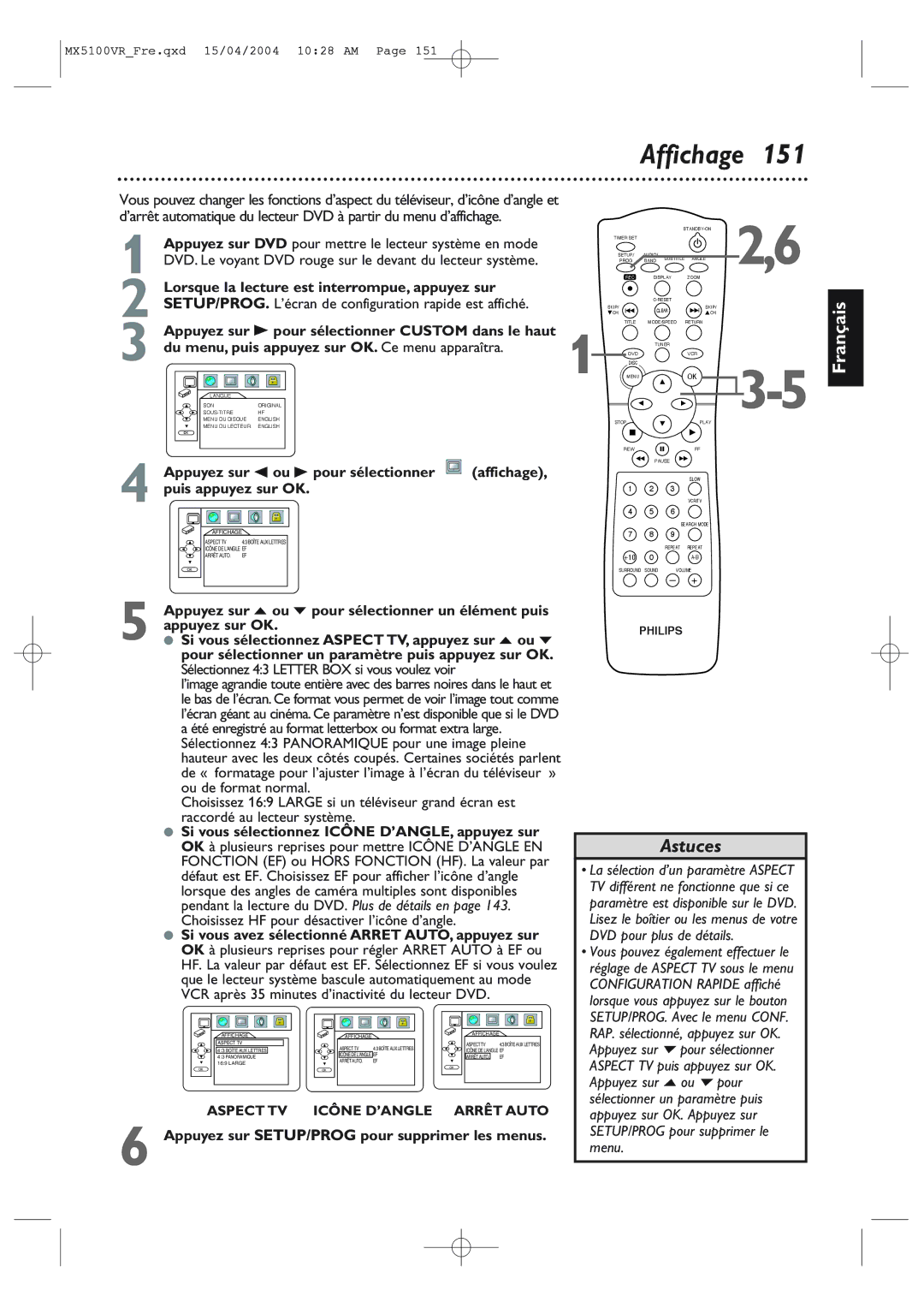 Philips MX5100VR/37B 151, Lorsque la lecture est interrompue, appuyez sur, Appuyez sur s ou B pour sélectionner Affichage 