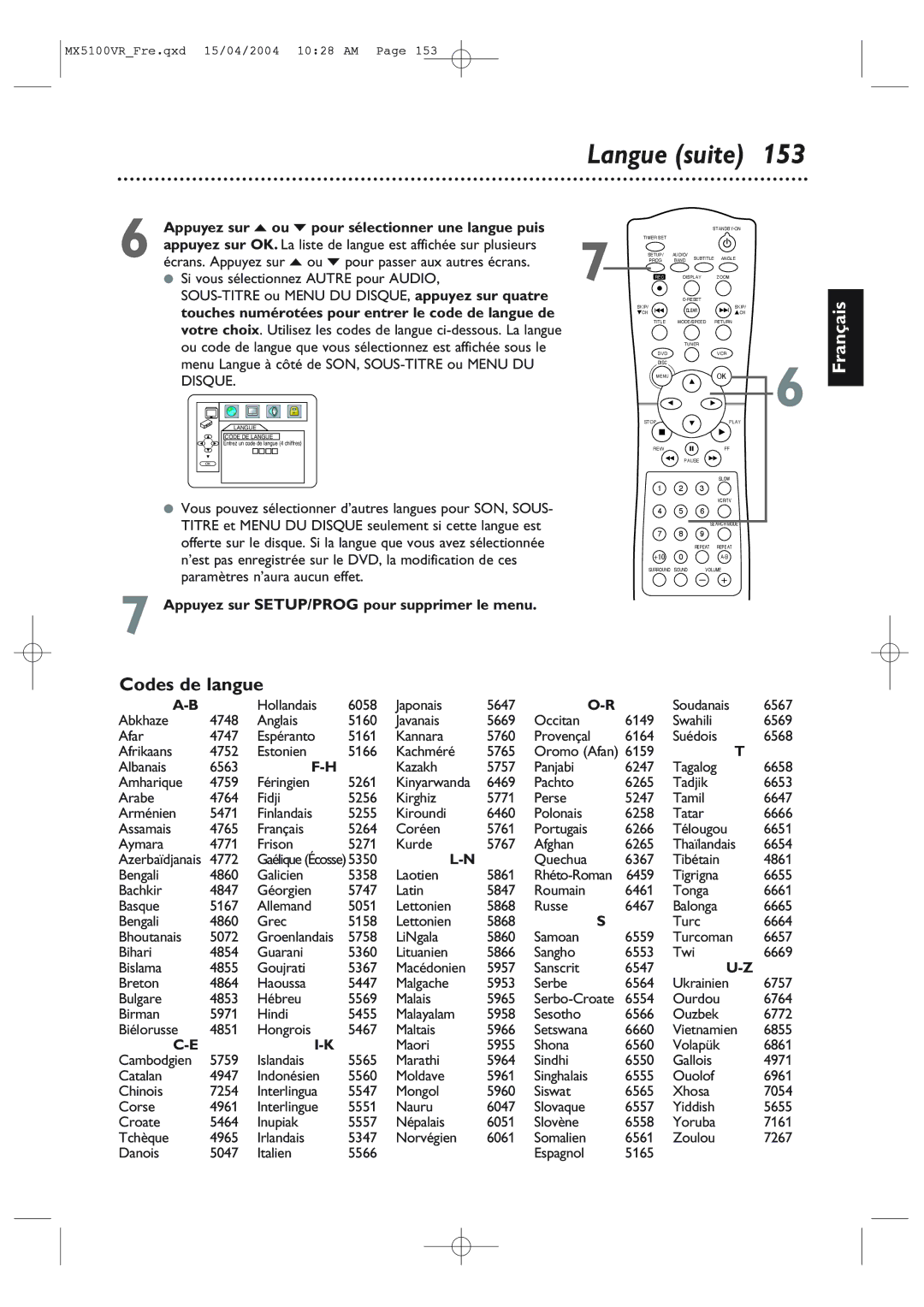 Philips MX5100VR/37B owner manual Langue suite, Codes de langue, Appuyez sur o ou p pour sélectionner une langue puis 