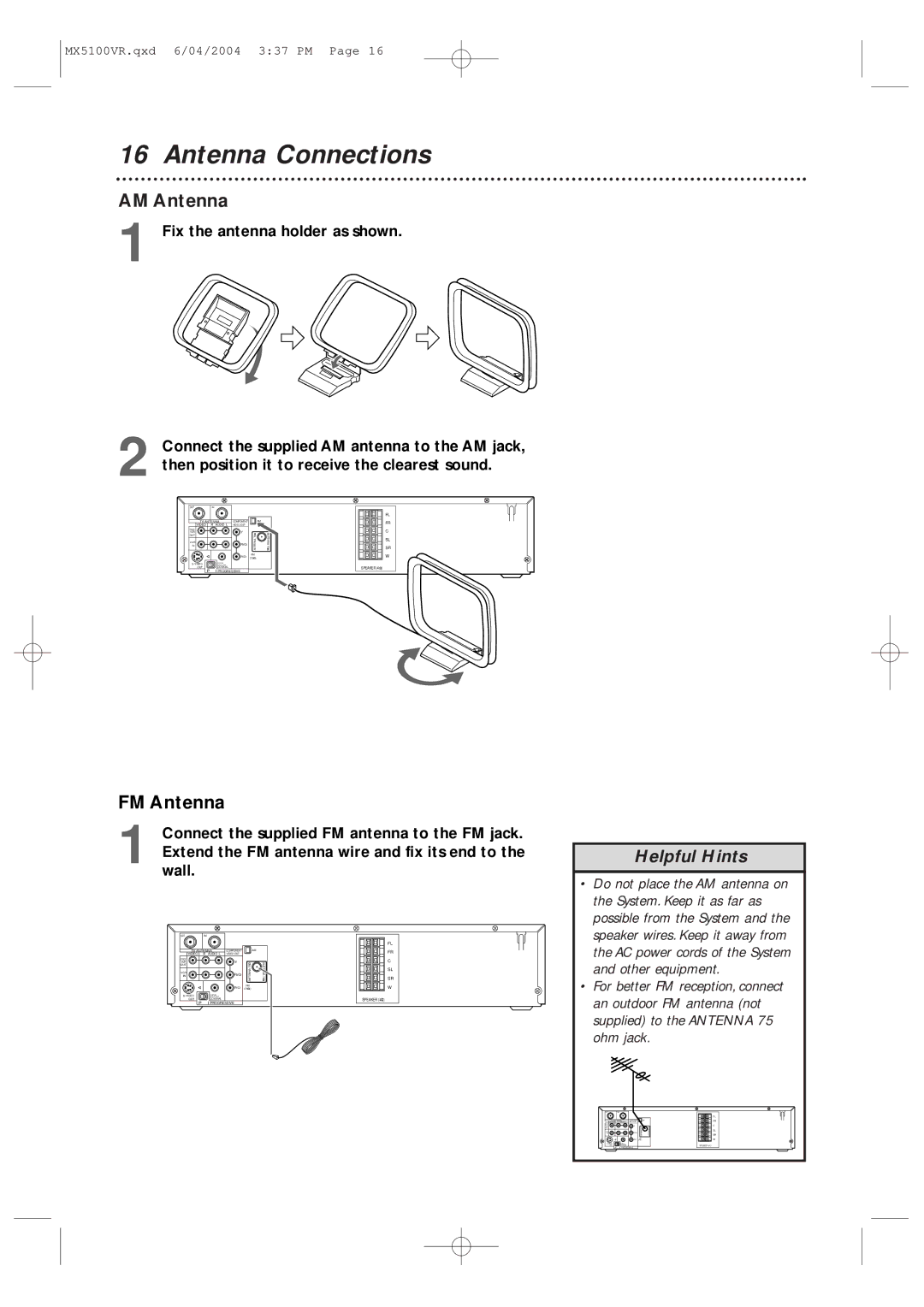 Philips MX5100VR/37B owner manual Antenna Connections, AM Antenna, FM Antenna 