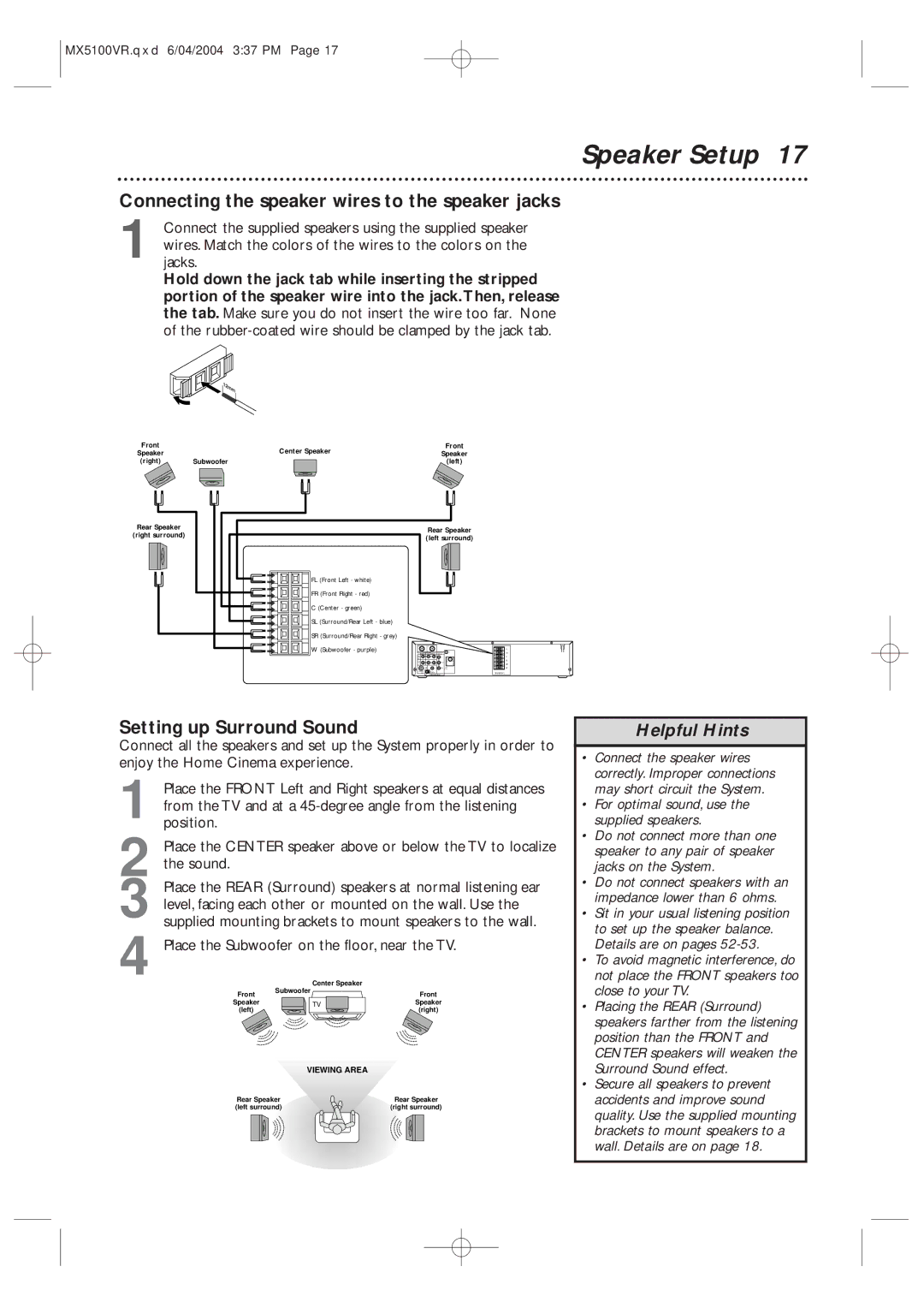 Philips MX5100VR/37B Speaker Setup, Connecting the speaker wires to the speaker jacks, Setting up Surround Sound 