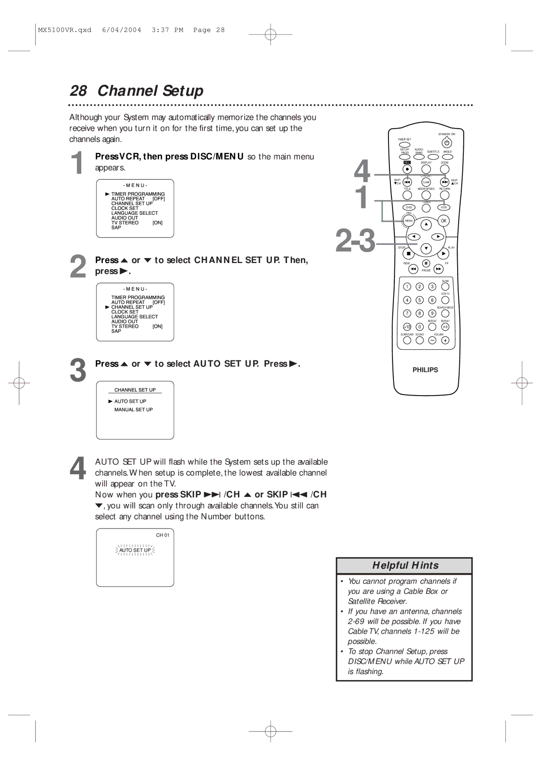 Philips MX5100VR/37B owner manual Channel Setup, Press VCR, then press DISC/MENU so the main menu appears 