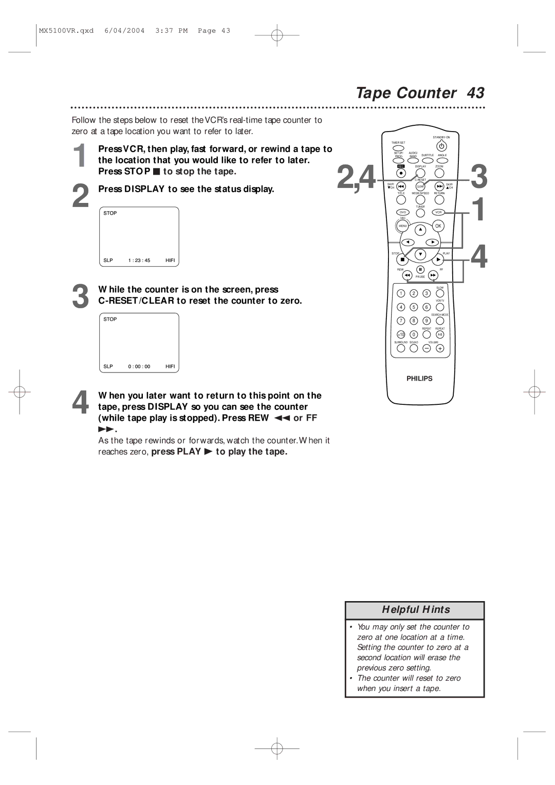 Philips MX5100VR/37B owner manual Tape Counter, Press Stop C to stop the tape 