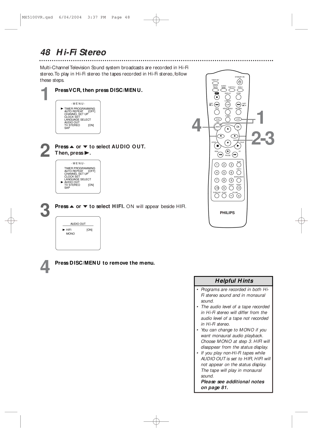 Philips MX5100VR/37B owner manual Hi-Fi Stereo, Press o or p to select Audio OUT. Then, press B 