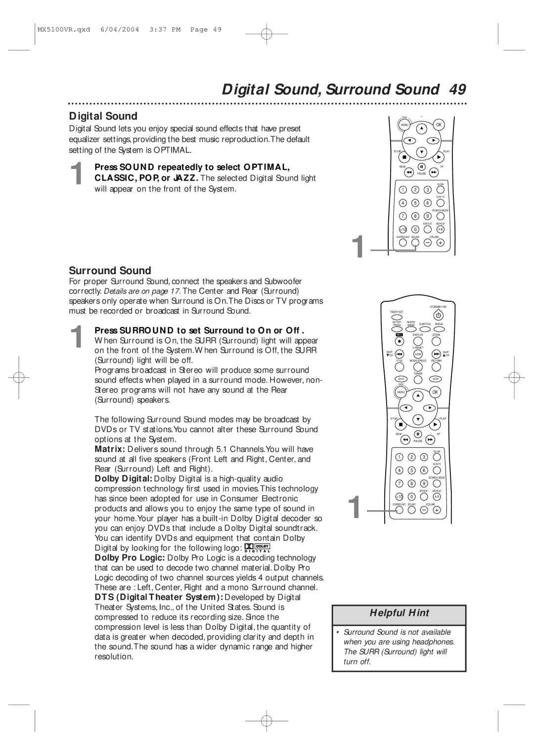 Philips MX5100VR/37B owner manual Digital Sound, Surround Sound 