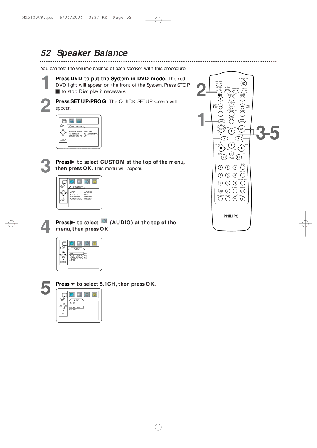 Philips MX5100VR/37B owner manual Speaker Balance, To stop Disc play if necessary 