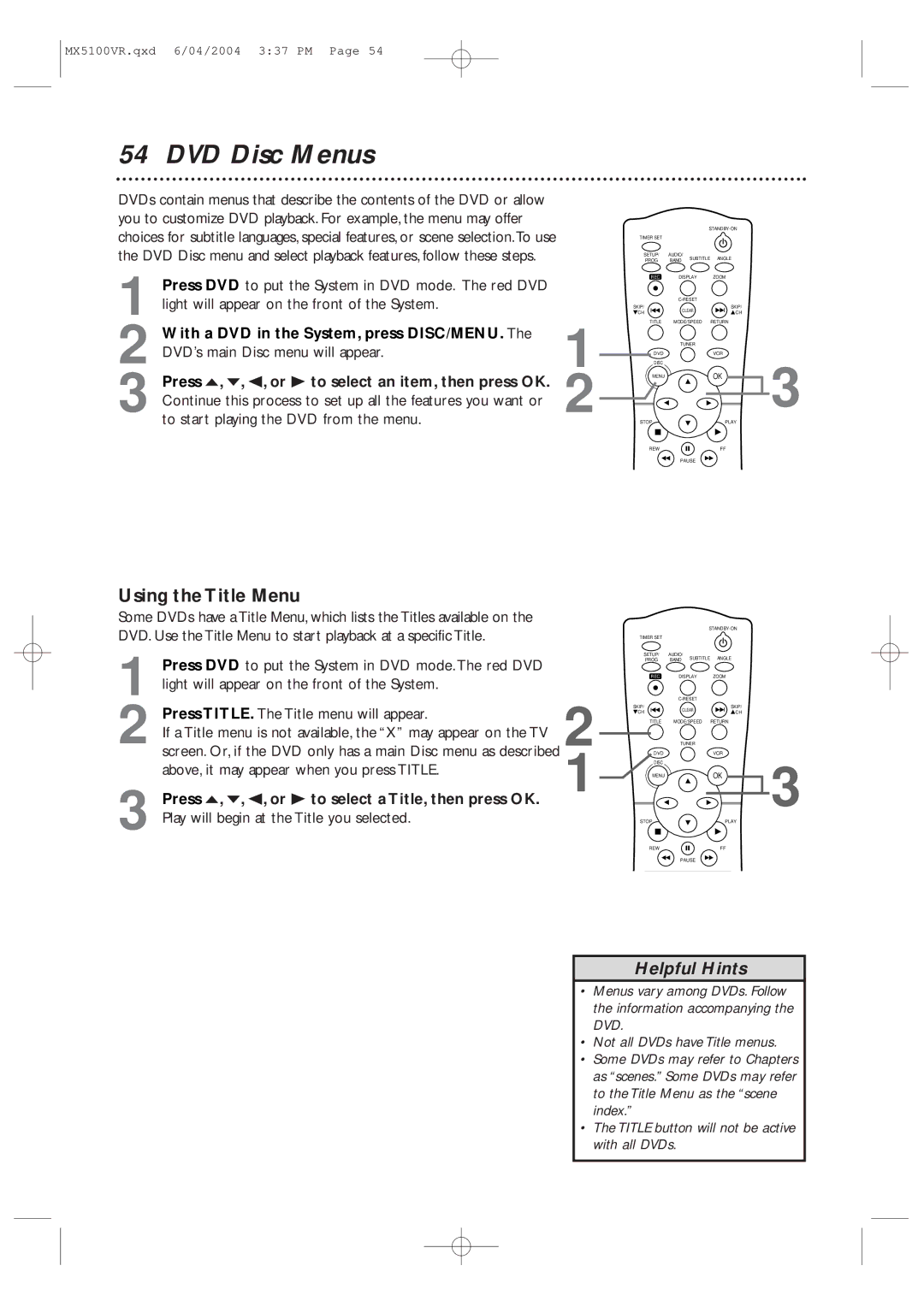 Philips MX5100VR/37B owner manual DVD Disc Menus, Using the Title Menu, With a DVD in the System, press DISC/MENU 