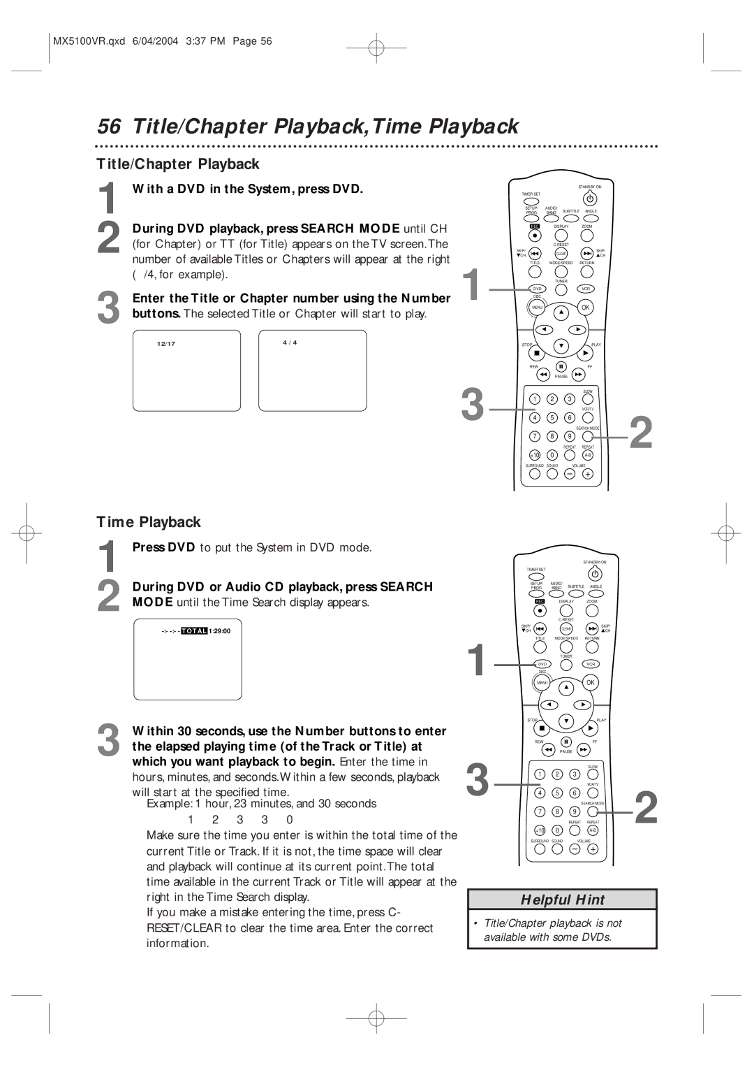 Philips MX5100VR/37B owner manual Title/Chapter Playback,Time Playback 