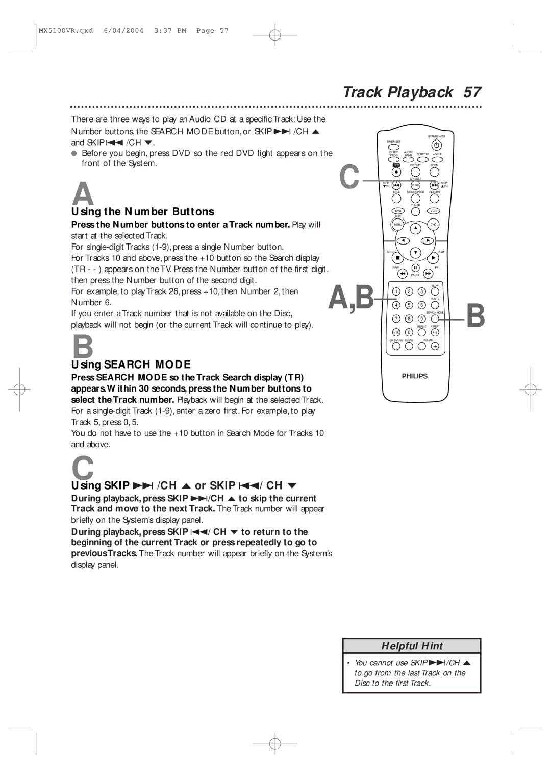 Philips MX5100VR/37B Track Playback, Using the Number Buttons, Using Search Mode, Using Skip i /CH o or Skip j/ CH p 