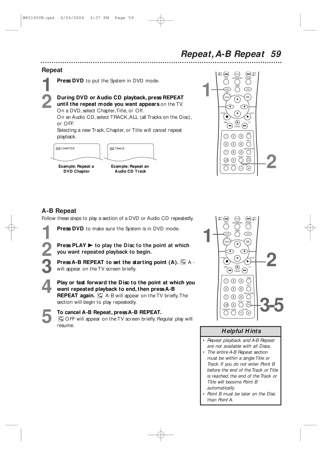 Philips MX5100VR/37B owner manual Repeat,A-B Repeat, During DVD or Audio CD playback, press Repeat 