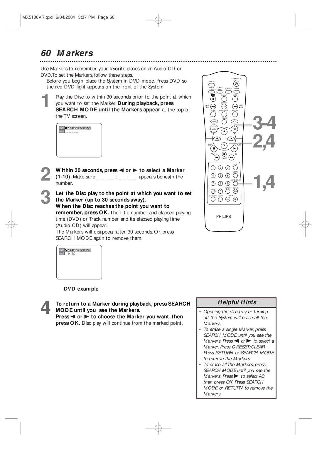 Philips MX5100VR/37B owner manual Markers, Make sure appears beneath the number, DVD example 