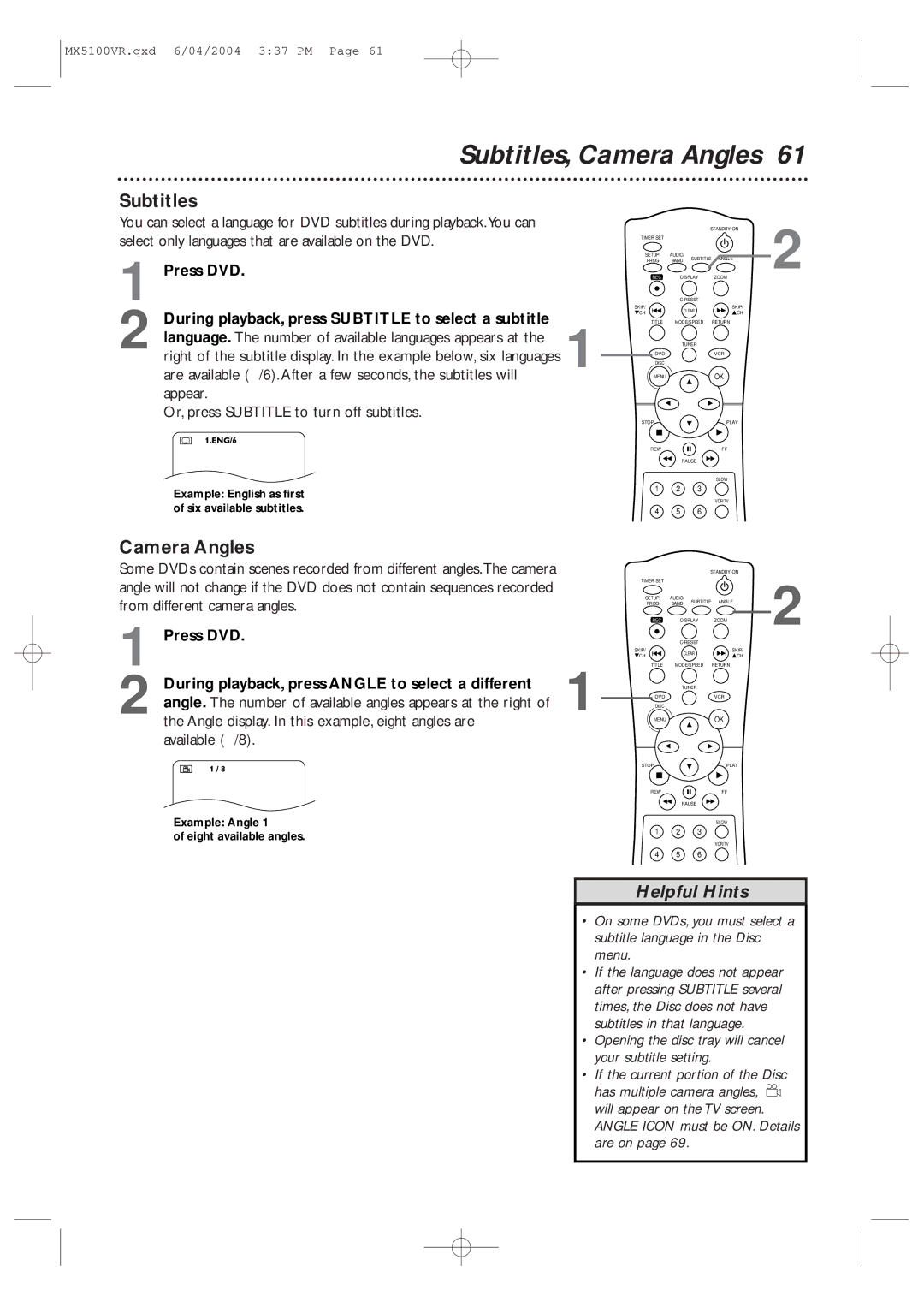 Philips MX5100VR/37B Subtitles, Camera Angles, Are available /6. After a few seconds, the subtitles will, Press DVD 