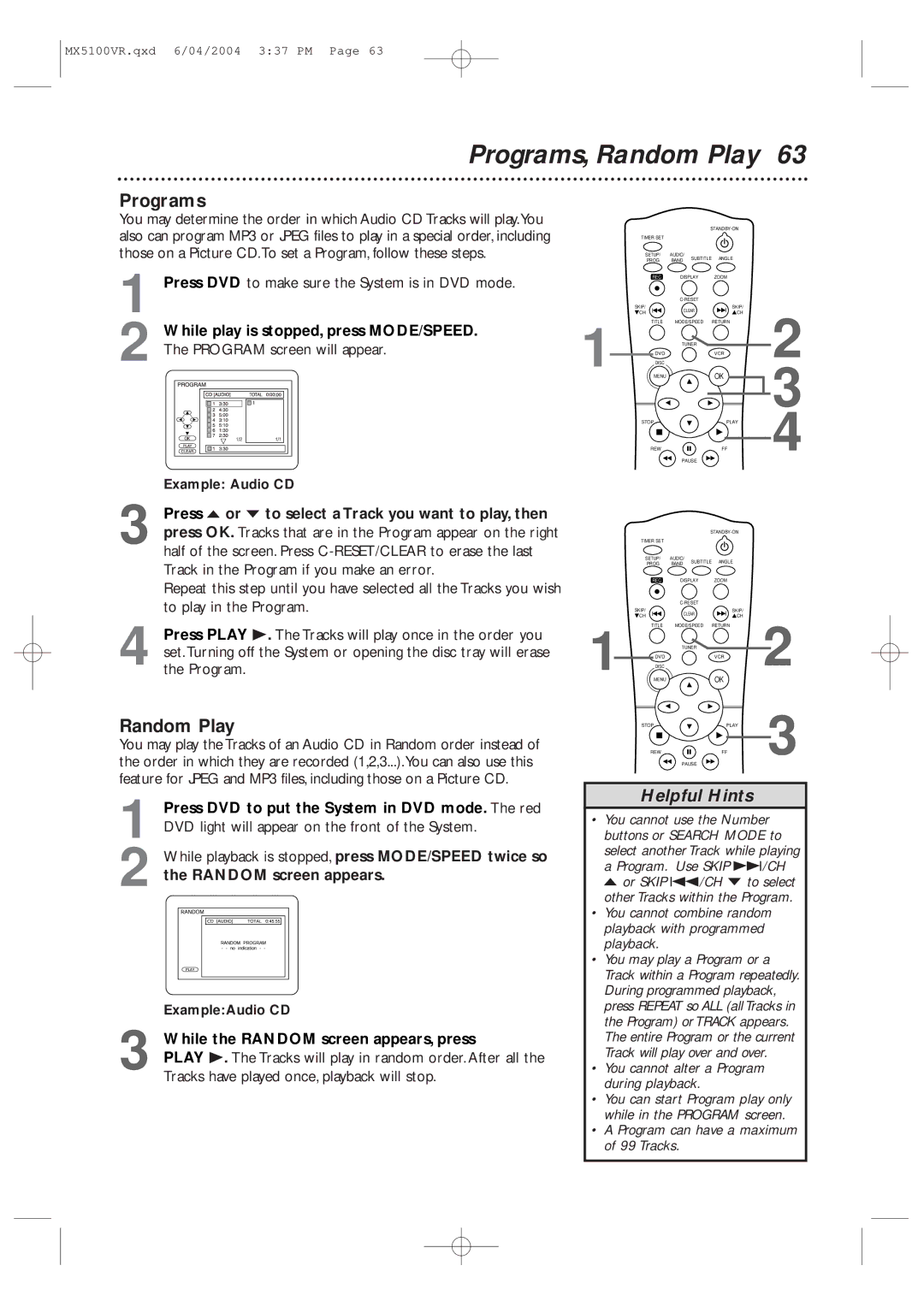 Philips MX5100VR/37B owner manual Programs, Random Play, While play is stopped, press MODE/SPEED 