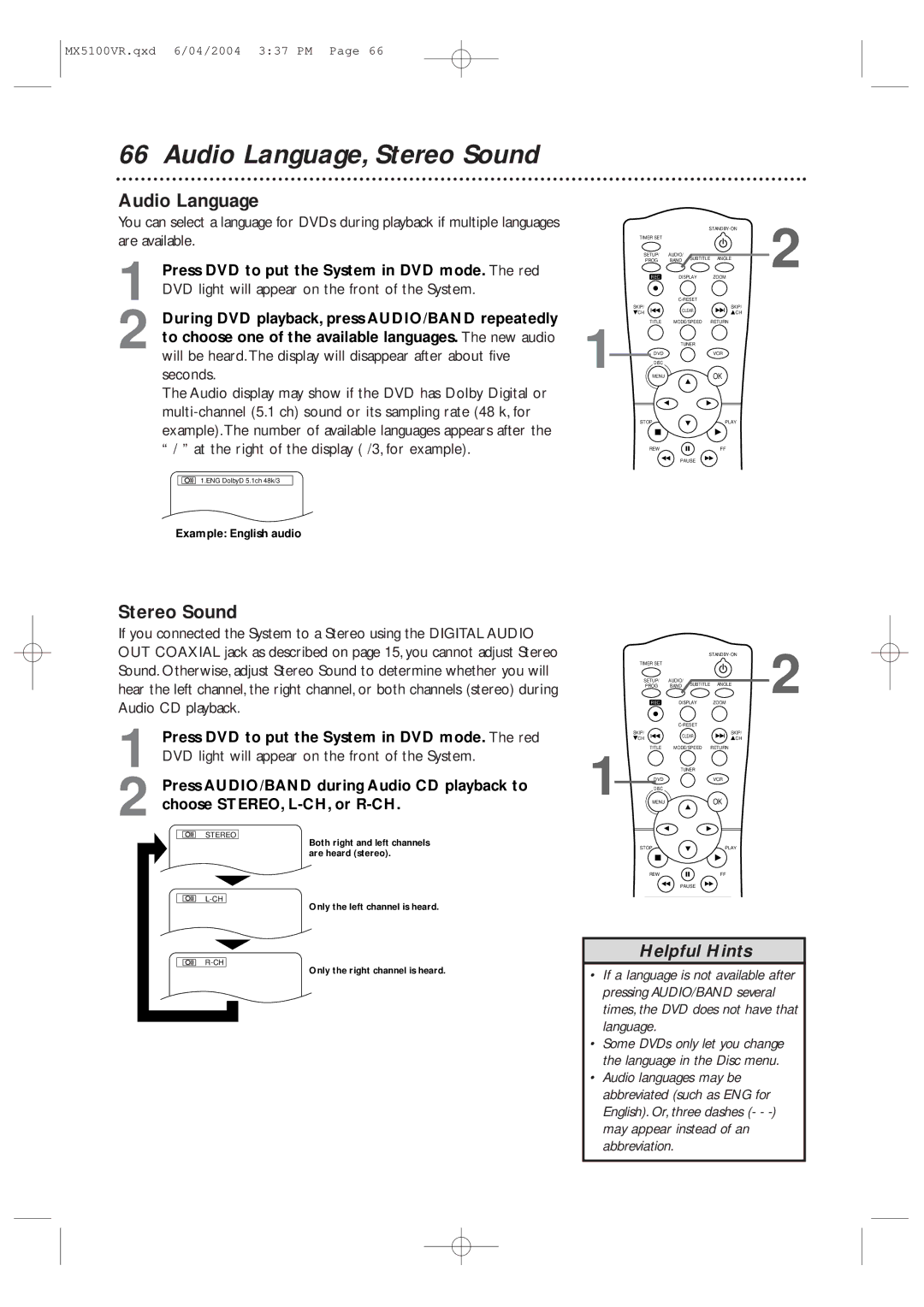 Philips MX5100VR/37B owner manual Audio Language, Stereo Sound 