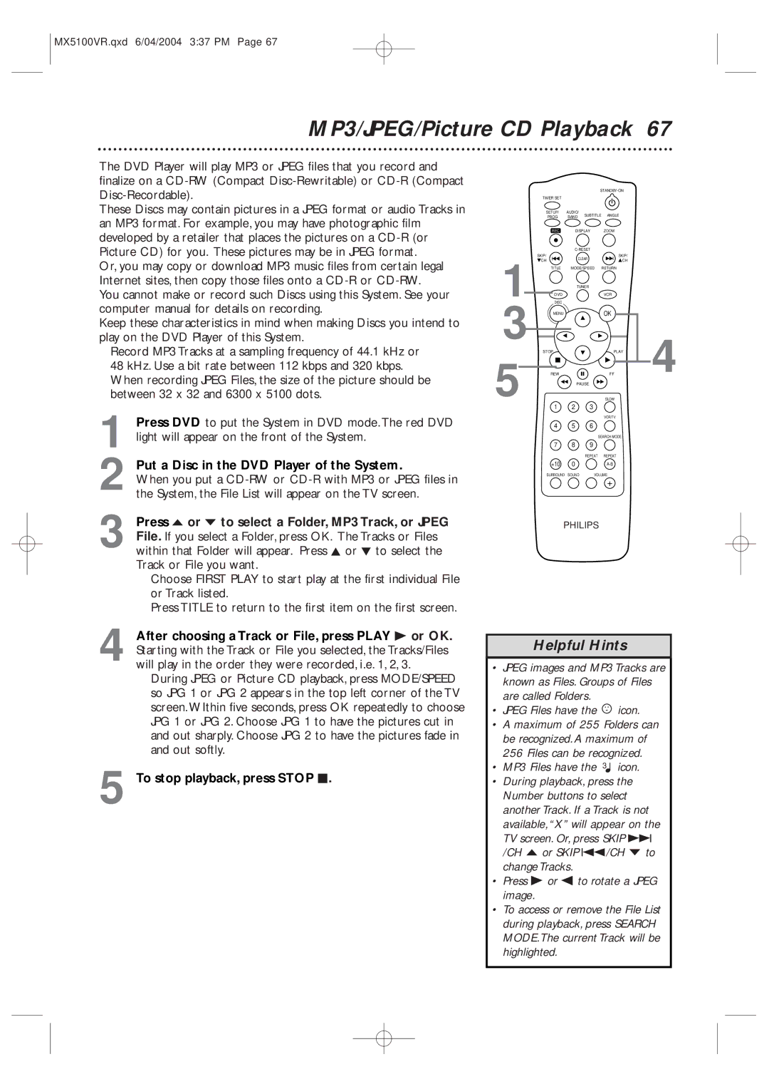 Philips MX5100VR/37B owner manual MP3/JPEG/Picture CD Playback, Put a Disc in the DVD Player of the System 