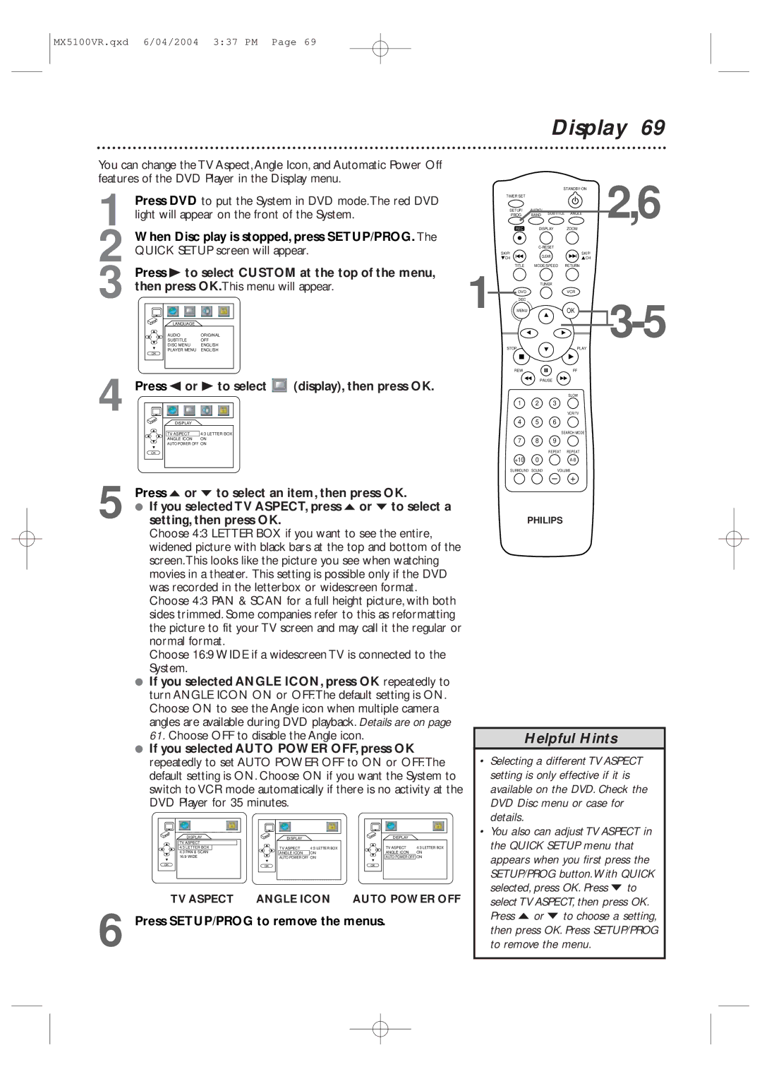 Philips MX5100VR/37B owner manual Display, Press s or B to select, Press o or p to select an item, then press OK 