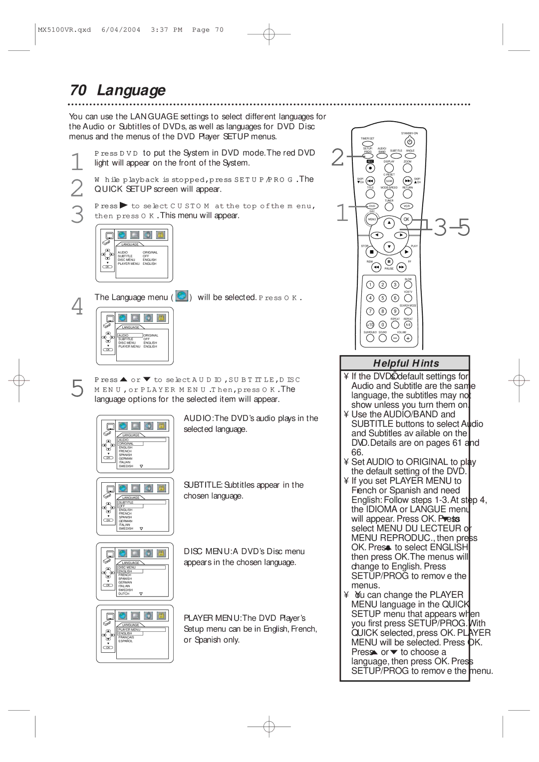 Philips MX5100VR/37B owner manual While playback is stopped, press SETUP/PROG 