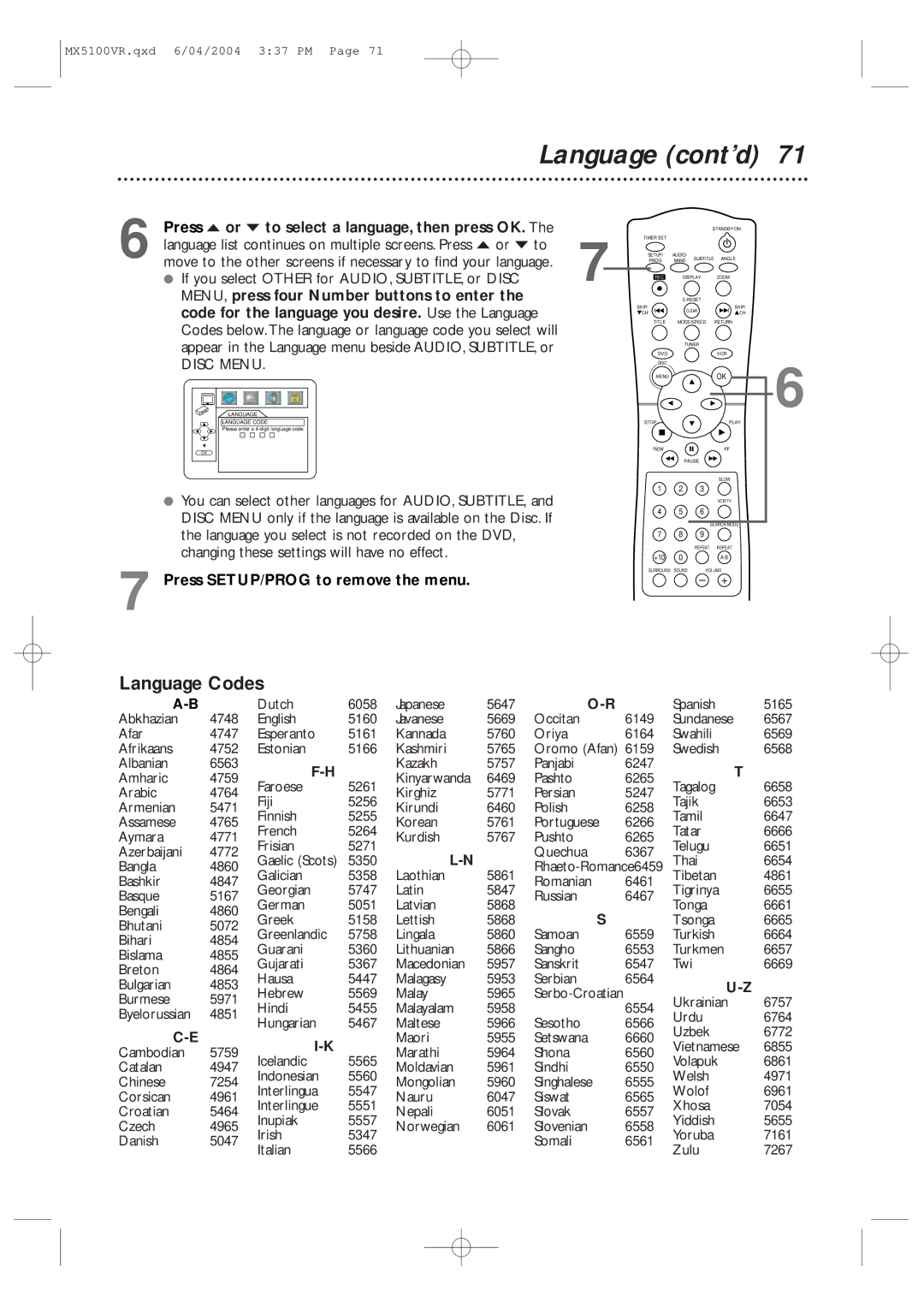 Philips MX5100VR/37B owner manual Language cont’d, Language Codes, Press o or p to select a language, then press OK 