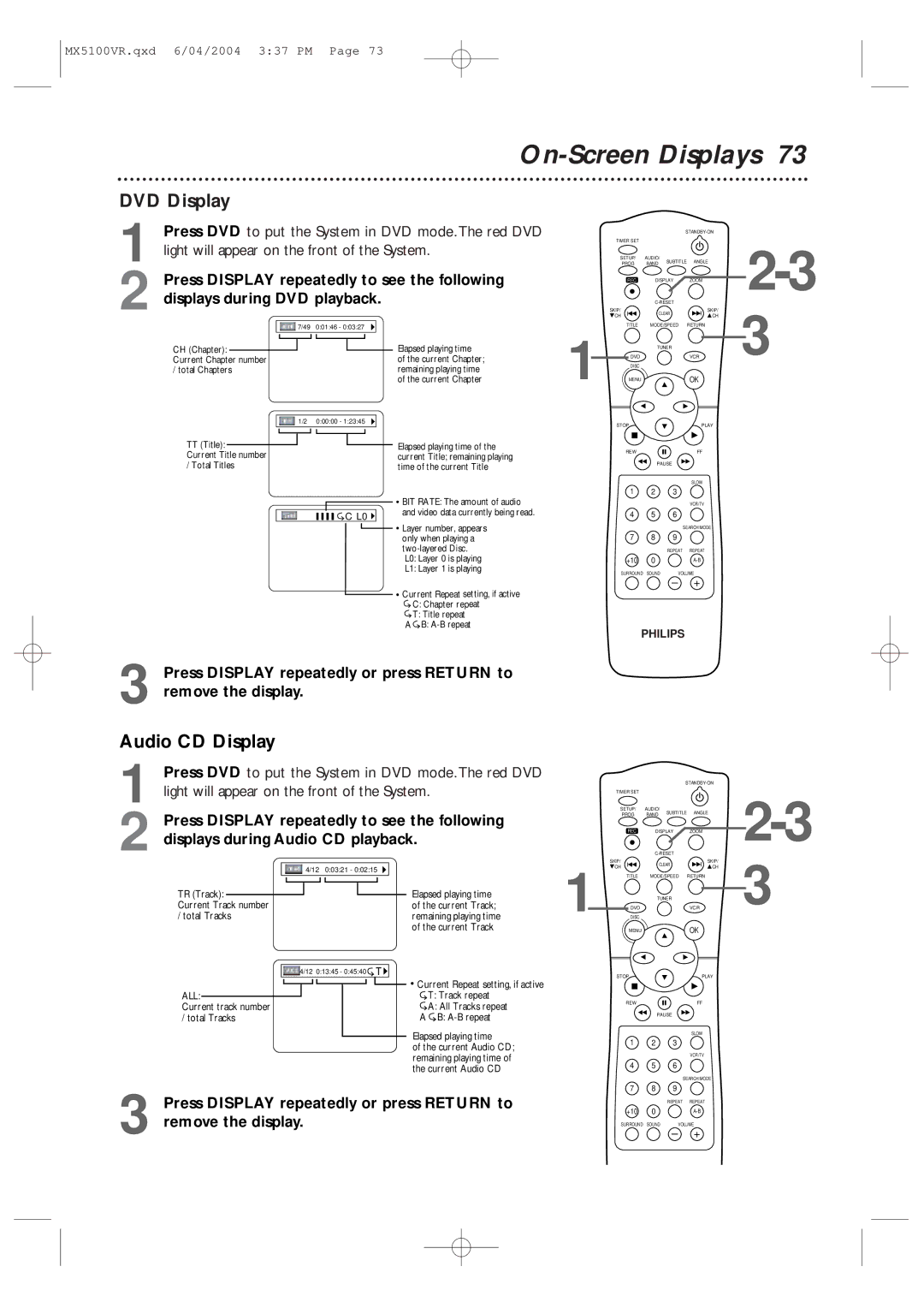 Philips MX5100VR/37B owner manual On-Screen Displays, DVD Display, Audio CD Display 
